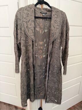 Etcetera Open Front Embroidered Mesh Lace Duster